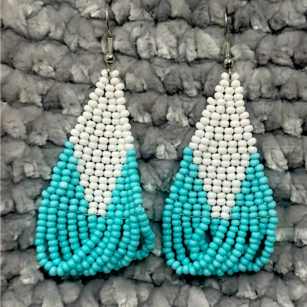 Handcrafted Blue and White Beaded Dangle Earrings